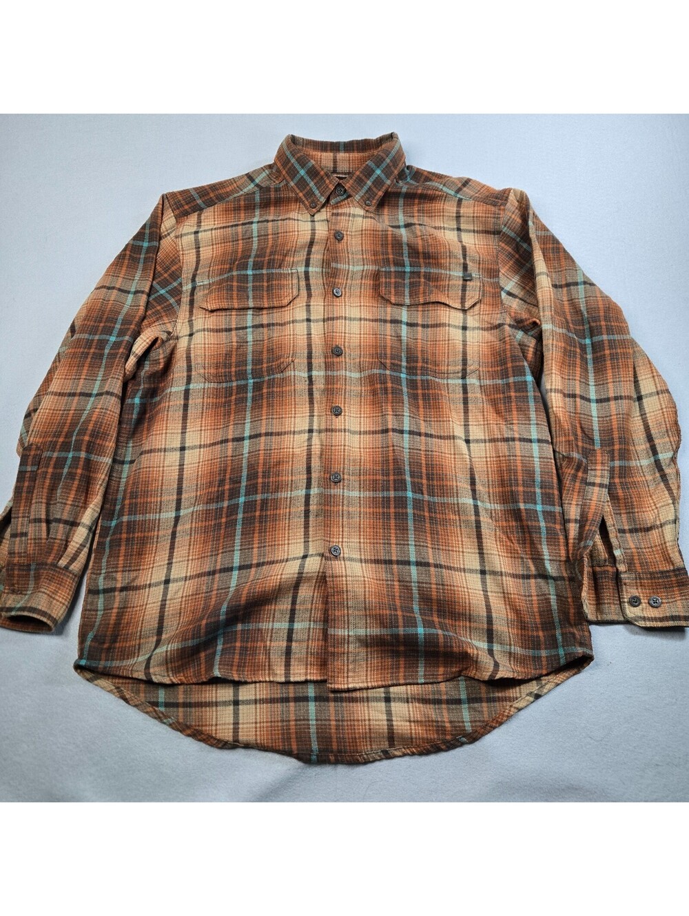 WOLVERINE Mens L Flannel Shirt Orange Brown Plaid Long Sleeve Button Up Casual